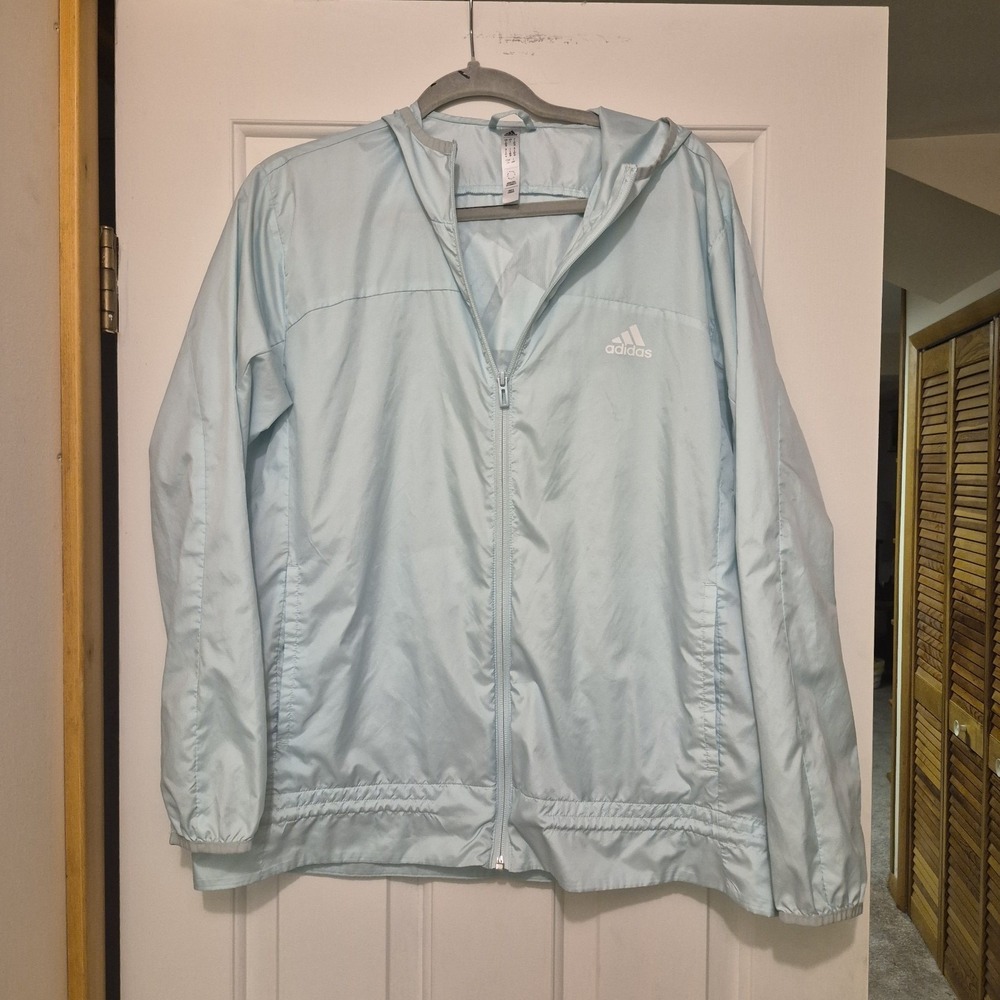 Adidas WIND.RDY Womens Light Blue Ripstop Hooded Windbreaker Jacket Large Logo L